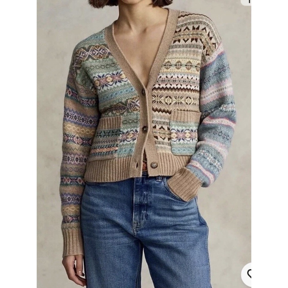 Polo Ralph Lauren Cardigan Sweater Womens Lrg Patchwork Fair Isle Wool Cashmere